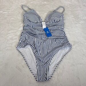 Cupshe Striped One Piece Swimsuit Navy White Ruched V-Neck Size Large NWT